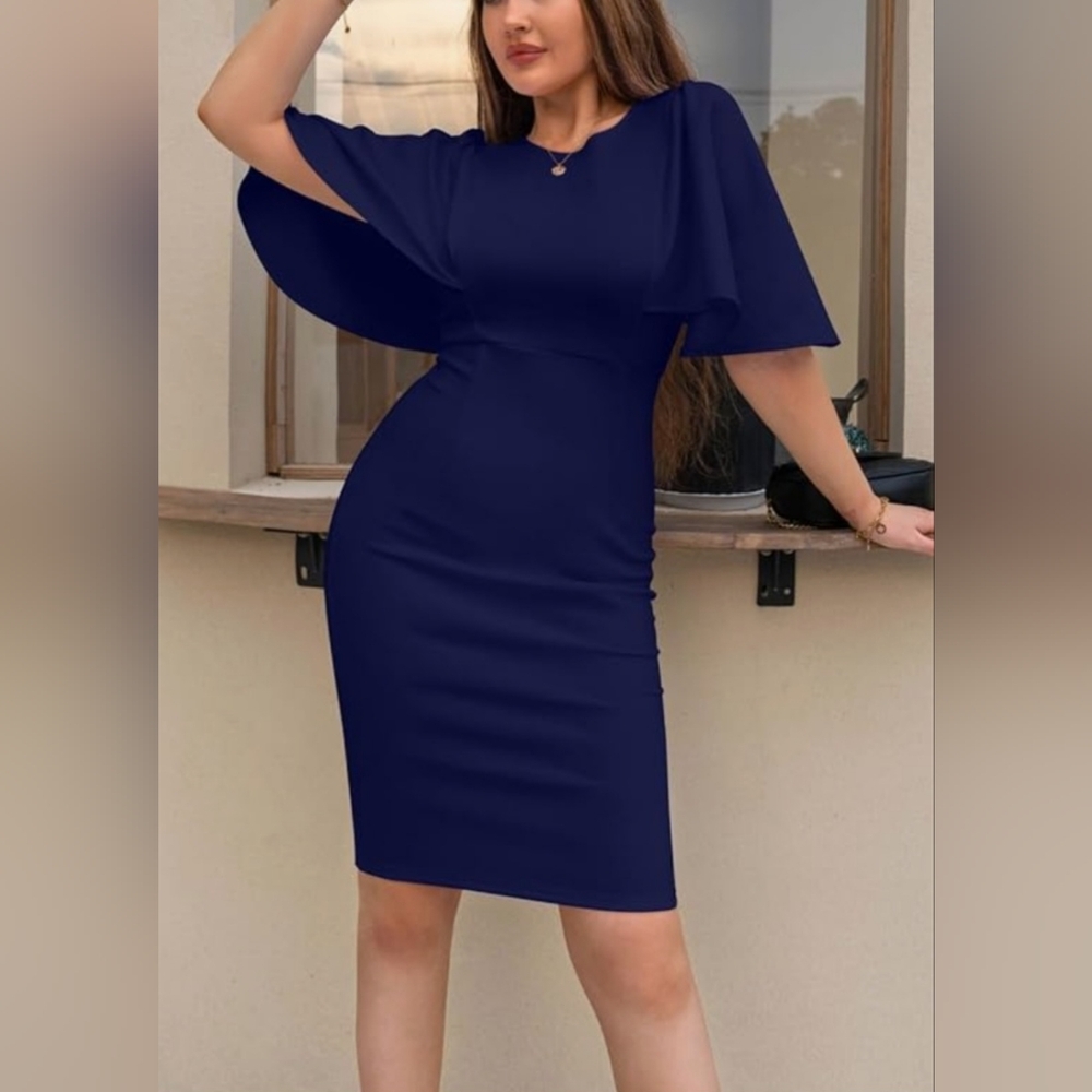 Cocktail Dress 2XL Navy Blue Bodycon Pencil Mini Flutter Sleeve Feminine New